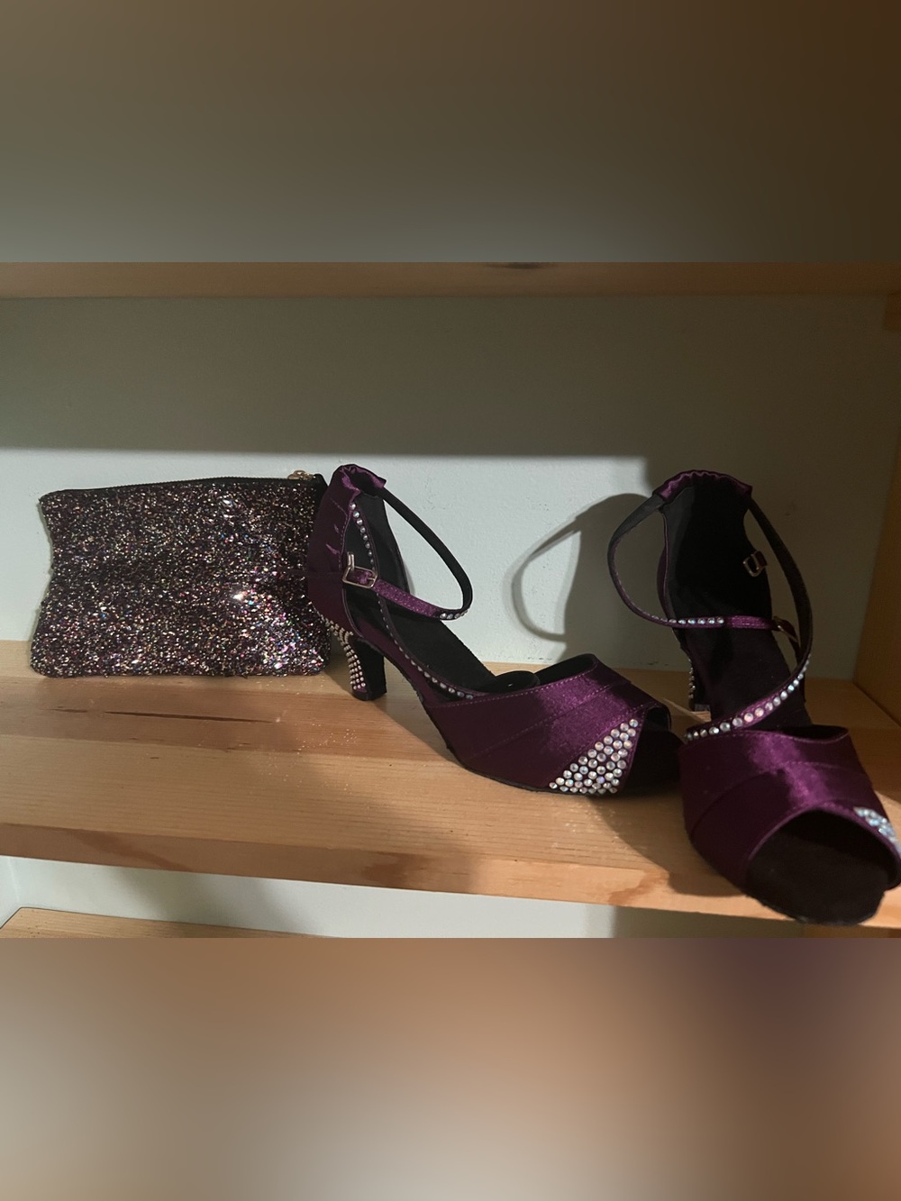 Purple Satin Rhinestone Ankle-Strap Heels and glittery purse